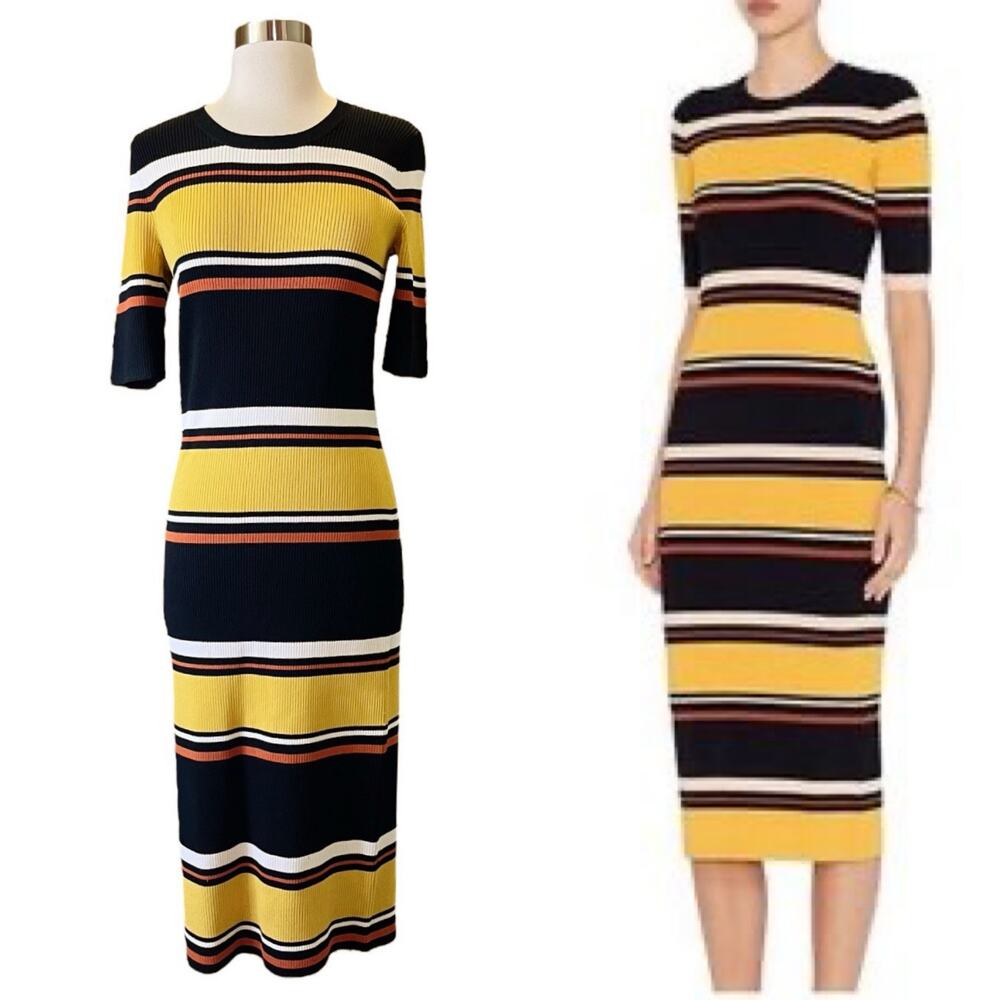 INTERMIX Wyatt Rib Knit Dress Striped Sweater Midi Half Sleeves Crew Medium EUC